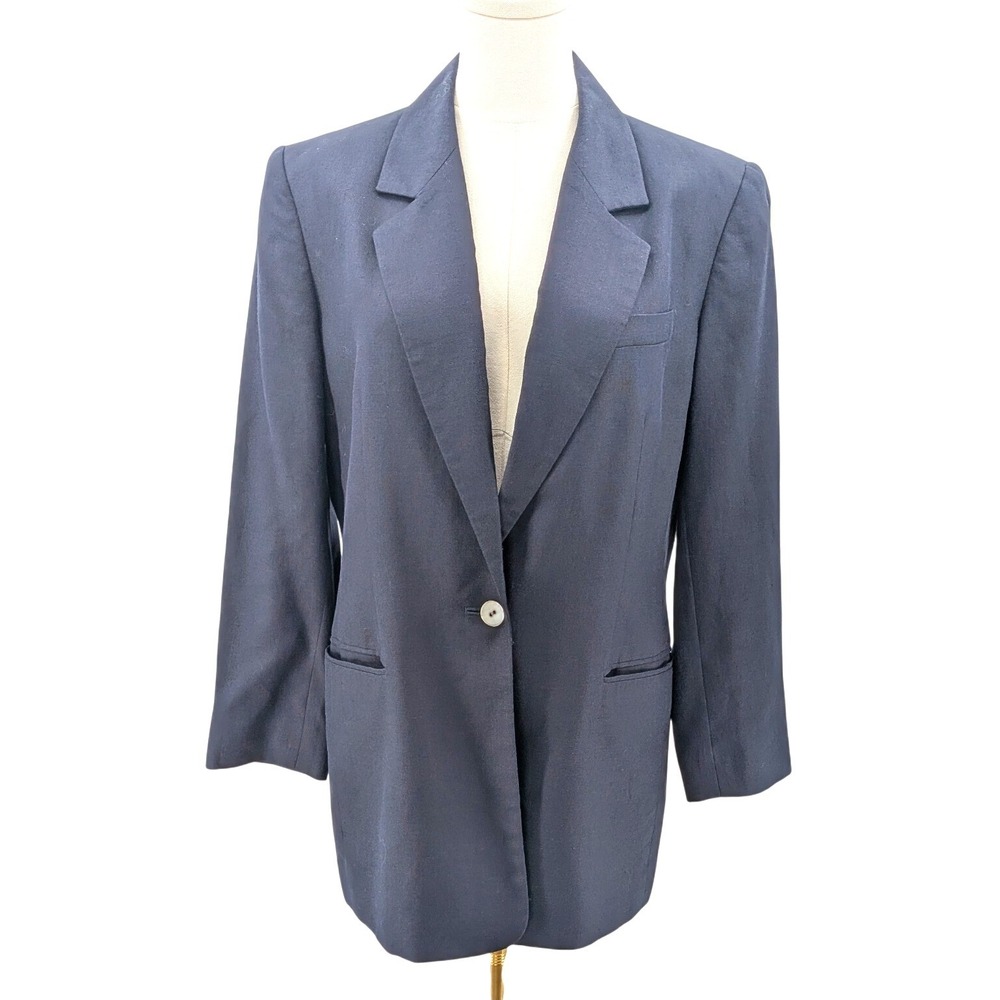 Talbots Blazer Linen Blend Blue Single Button Career Classic Size 10